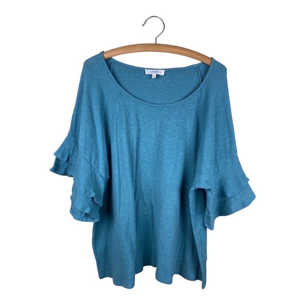 Umgee Blue Ruffled Flutter Sleeve Blouse Size 1XL Cottage Core Lightweight Boho